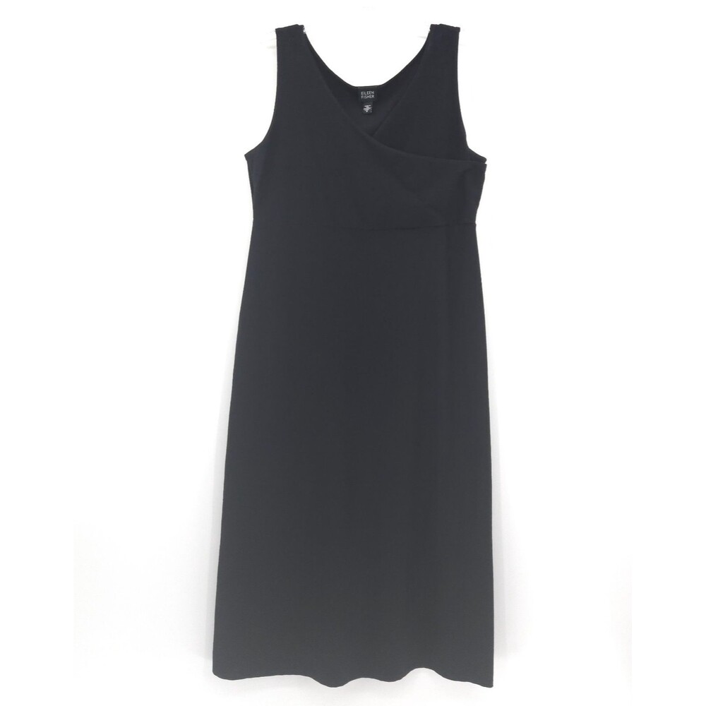 Eileen Fisher Black Crepe midi Dress Size M empire faux wrap sleeveless stretch